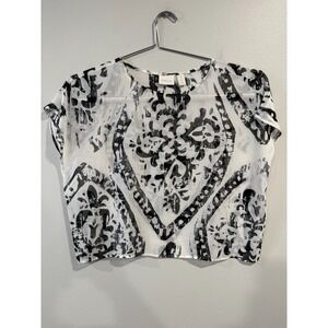 Chico's Blouse Women's 1 Black White Geometric Round Neck Short Sleeve Sheer Top